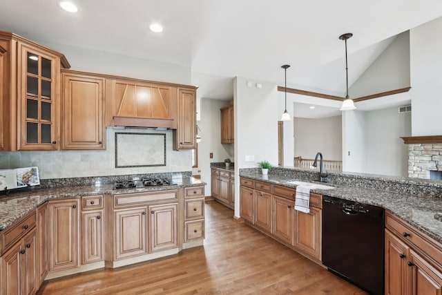 140 E Lynn St, South Elgin, IL 60177 - kitchen with a sink, stainless steel gas stovetop, vaulted ceiling, premium range hood, and dishwasher