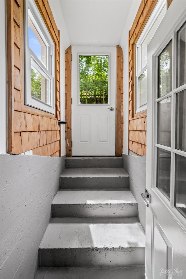 staircase with wooden walls and a healthy amount of sunlight