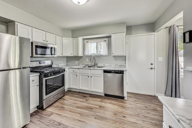 kitchen featuring white cabinetry, light hardwood / wood-style flooring, stainless steel appliances, and sink