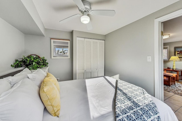 bedroom featuring a closet, ceiling fan, and tile patterned floors