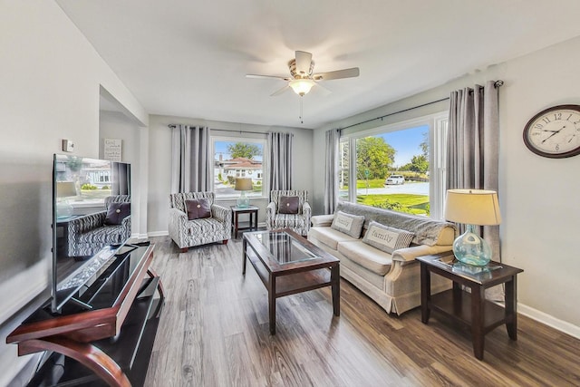 living room with ceiling fan and hardwood / wood-style floors