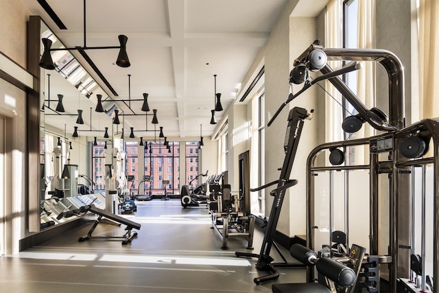 451 E Grand Ave Unit Ph66, Chicago, IL 60611 - gym with coffered ceiling and beamed ceiling