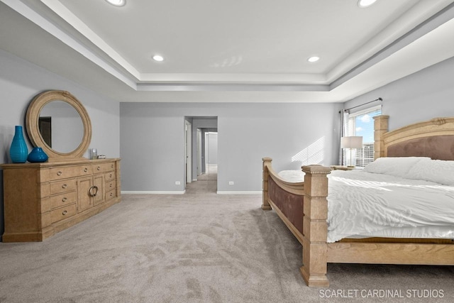 carpeted bedroom with a raised ceiling