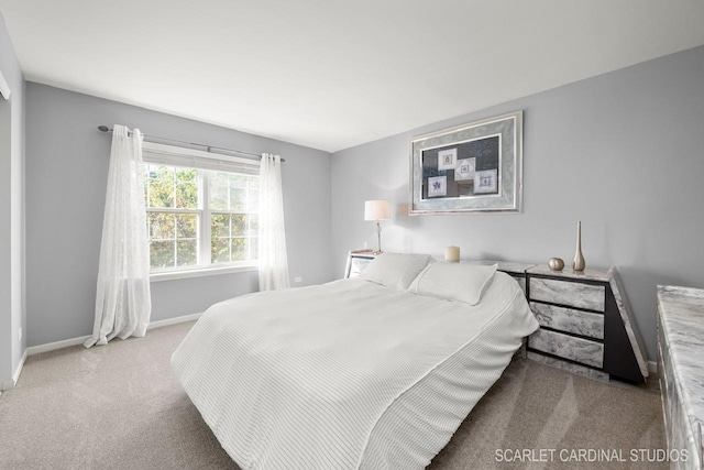 bedroom with light colored carpet