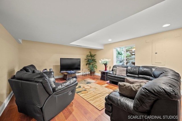 living room with hardwood / wood-style flooring and electric panel