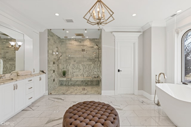 bathroom featuring crown molding, shower with separate bathtub, vanity, and a chandelier