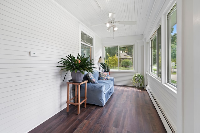 sunroom / solarium featuring wood ceiling, ceiling fan, and baseboard heating