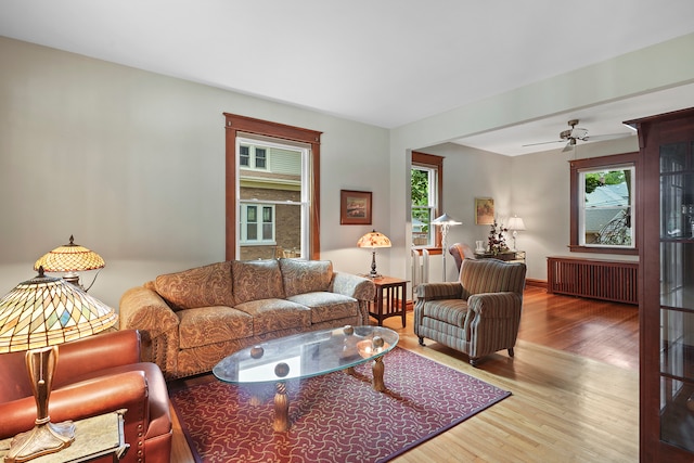 living room featuring ceiling fan, hardwood / wood-style floors, radiator heating unit, and a wealth of natural light