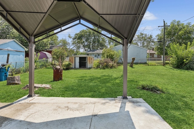 view of yard with a shed and a patio area