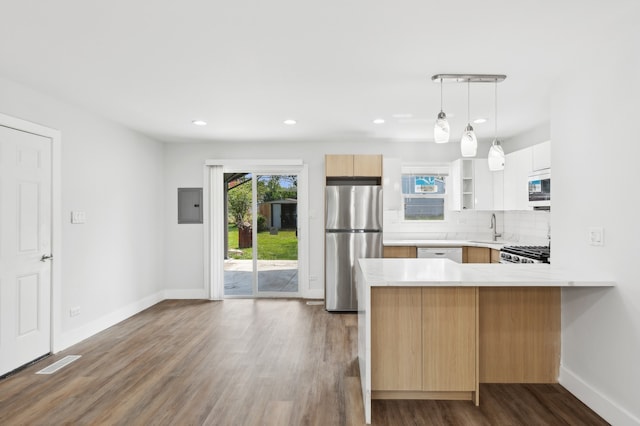 kitchen featuring electric panel, kitchen peninsula, stainless steel appliances, and dark hardwood / wood-style floors