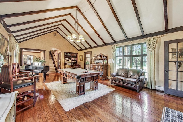 recreation room featuring beamed ceiling, wood-type flooring, an inviting chandelier, billiards, and high vaulted ceiling