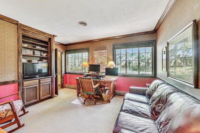 carpeted office with crown molding and a baseboard radiator