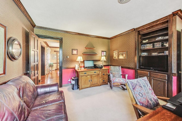 carpeted home office with crown molding