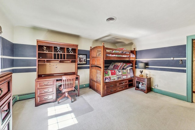 bedroom featuring baseboard heating and light colored carpet