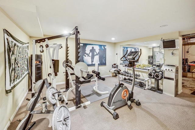 workout area with light colored carpet