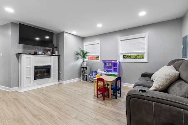 living room with electric panel and light hardwood / wood-style floors