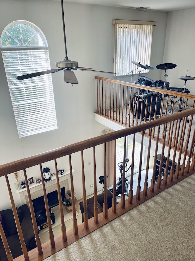 stairway featuring a ceiling fan and wood finished floors