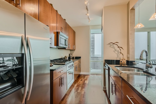 kitchen with sink, light hardwood / wood-style flooring, appliances with stainless steel finishes, track lighting, and decorative light fixtures