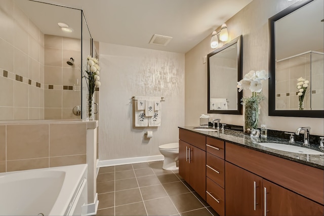 full bathroom featuring vanity, plus walk in shower, tile patterned floors, and toilet