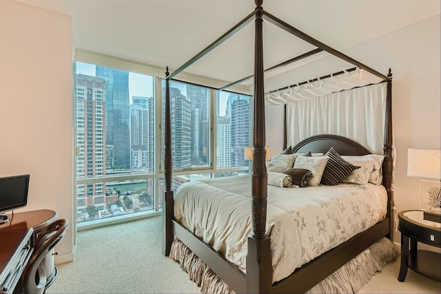 bedroom with expansive windows and carpet