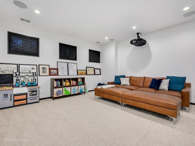 living room featuring light colored carpet