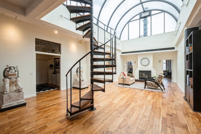 foyer with light hardwood / wood-style flooring and a high ceiling