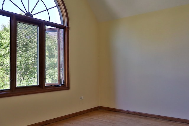 unfurnished room featuring a wealth of natural light, vaulted ceiling, and light wood-type flooring