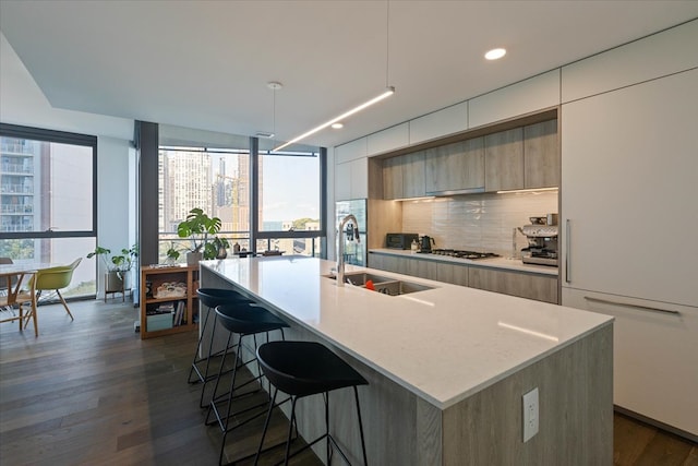 kitchen featuring sink, an island with sink, and dark wood-type flooring