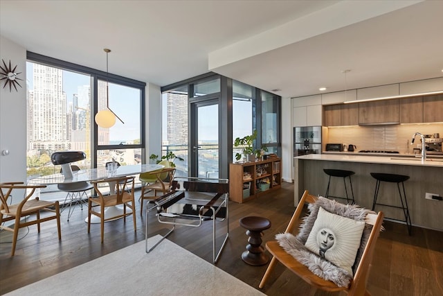 dining area featuring a wall of windows, dark wood-type flooring, and a wealth of natural light