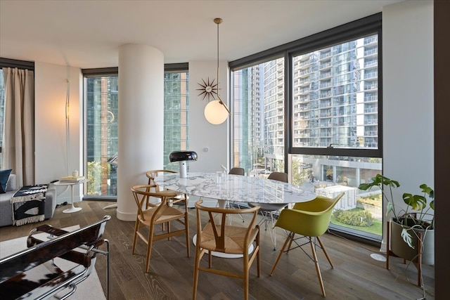 dining room featuring expansive windows and hardwood / wood-style floors