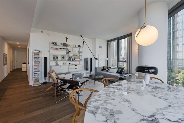 dining area featuring dark wood-type flooring