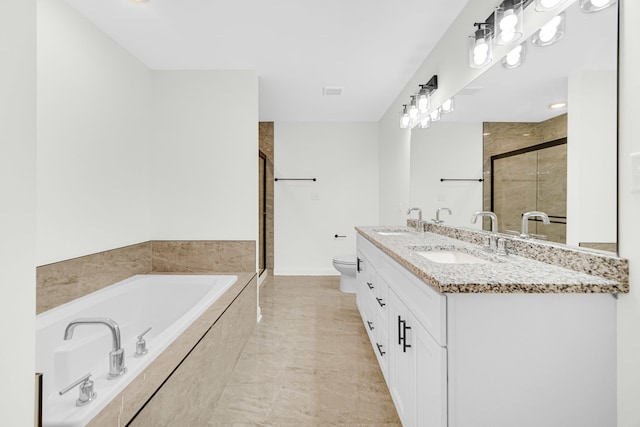 full bathroom with vanity, toilet, independent shower and bath, and tile patterned floors