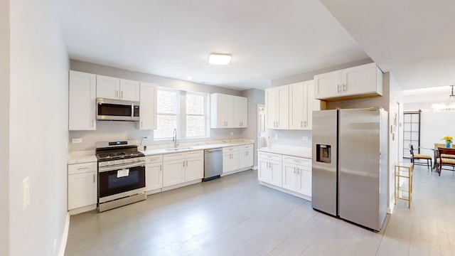 kitchen with sink, appliances with stainless steel finishes, white cabinetry, and light hardwood / wood-style floors