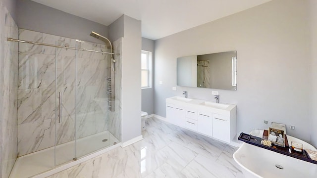 bathroom with vanity, toilet, and a shower with shower door