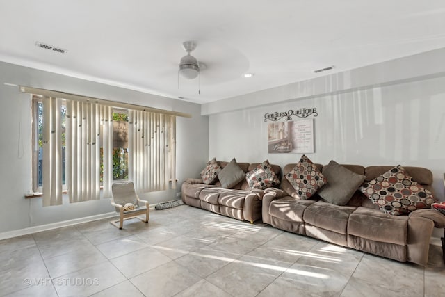 living room featuring ceiling fan