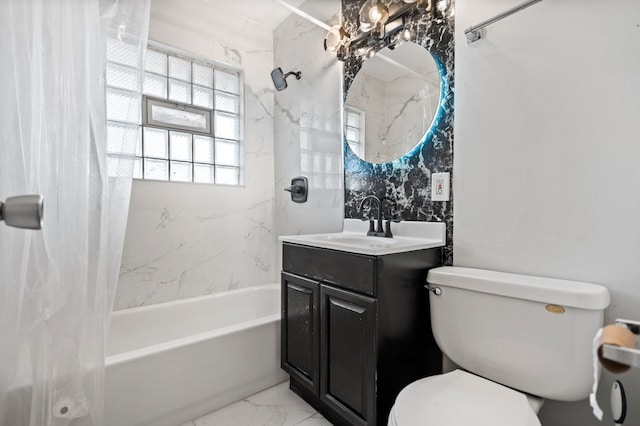 full bathroom featuring vanity, toilet, and shower / bathtub combination with curtain