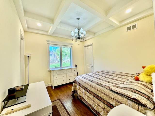 bedroom featuring coffered ceiling, a notable chandelier, beamed ceiling, and dark hardwood / wood-style flooring