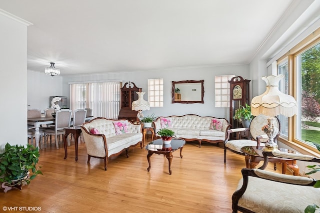 living room featuring crown molding, light wood-type flooring, and a chandelier