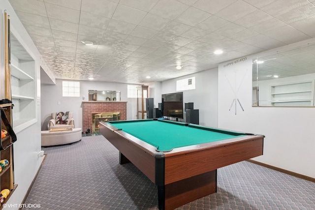 rec room with carpet floors, a fireplace, billiards table, baseboards, and recessed lighting