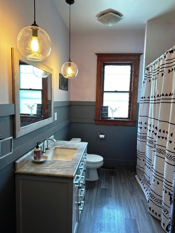 bathroom featuring a healthy amount of sunlight, vanity, toilet, and hardwood / wood-style flooring