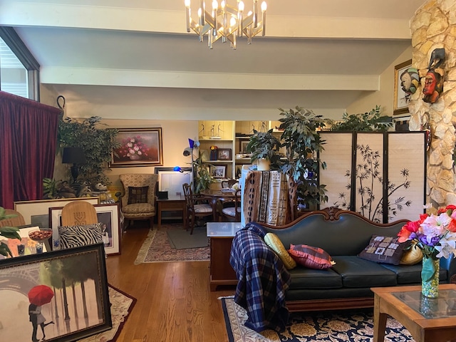 living room with a notable chandelier, wood-type flooring, and beamed ceiling