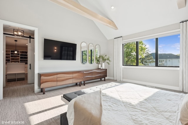 carpeted bedroom with vaulted ceiling with beams, a closet, a walk in closet, and a barn door