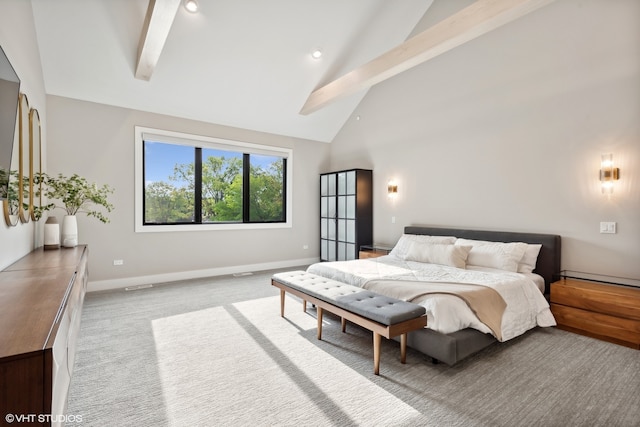 bedroom with light colored carpet, beam ceiling, and high vaulted ceiling