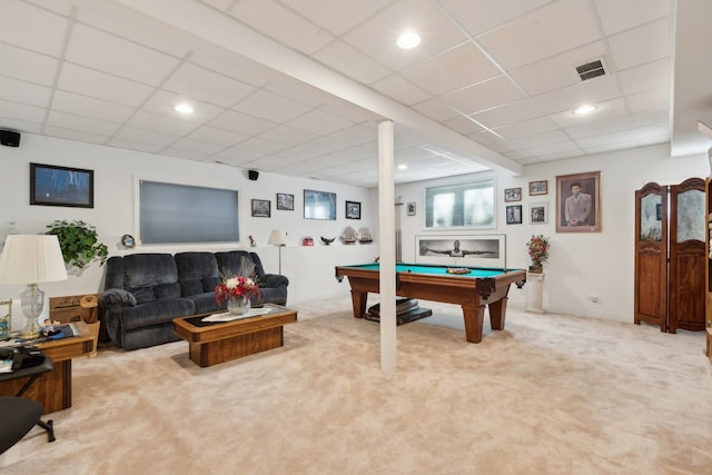 rec room with pool table, light colored carpet, and a paneled ceiling