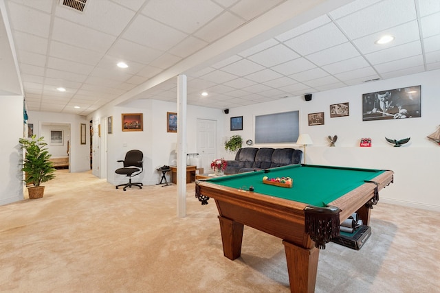 recreation room with a drop ceiling, billiards, and carpet