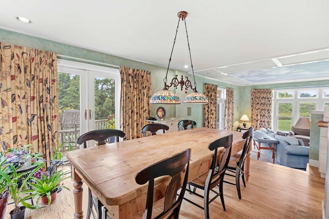 dining area with french doors, light hardwood / wood-style floors, and a wealth of natural light