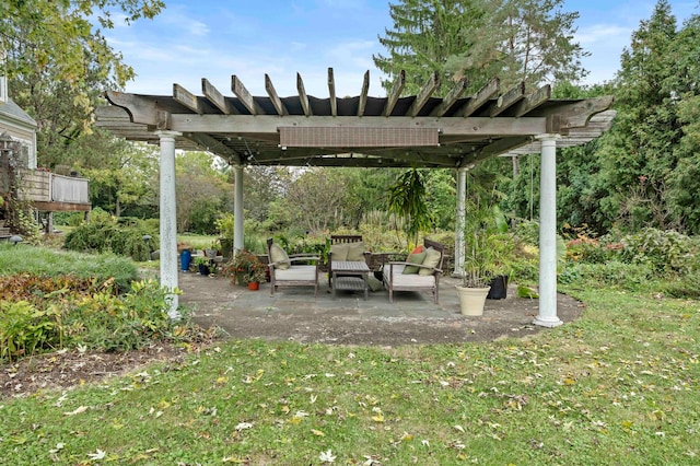 view of patio featuring an outdoor living space and a pergola