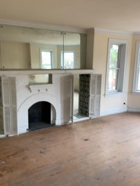 unfurnished living room with wood-type flooring, crown molding, and a healthy amount of sunlight