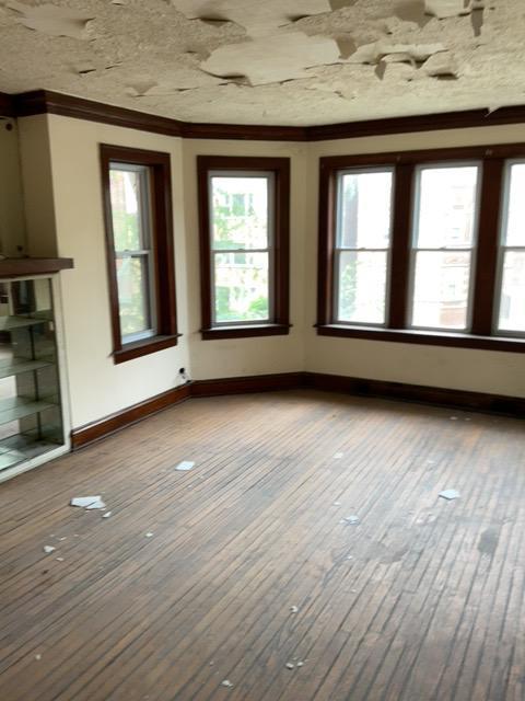 unfurnished living room with plenty of natural light, ornamental molding, and hardwood / wood-style floors