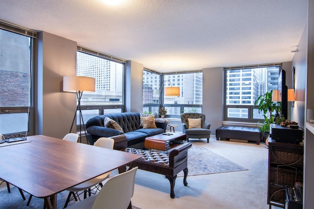 living room with a textured ceiling, carpet flooring, and a wall of windows